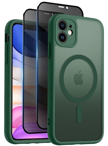 Aekyiwot Hülle für iPhone 11 Magnetische Handyhülle Kompatibel mit iPhone 11 MagSafe, mit 2 Schutzfolie Sichtschutz Privacy Schutz, Hülle mit Kameraschutz Stoßfest Kratzfest Schutzhülle, Grün