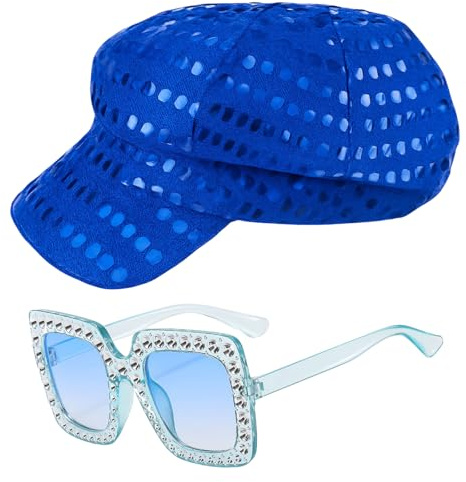 GWAWG Juego de gafas de sol con lentejuelas brillantes para mujer, accesorios de discoteca de los años 70, sombrero retro de estrella pop, traje de diva vintage hippie para cumpleaños, Halloween