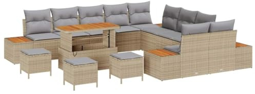 vidaXL Trädgårdsoffset med kudde med lagring 14 pcs Beige Poly rattan, Trädgårdsoffor, moderna, lätta, väderbeständiga, akaciaträ, utomhusliv, familjelounge, modulär sittplats