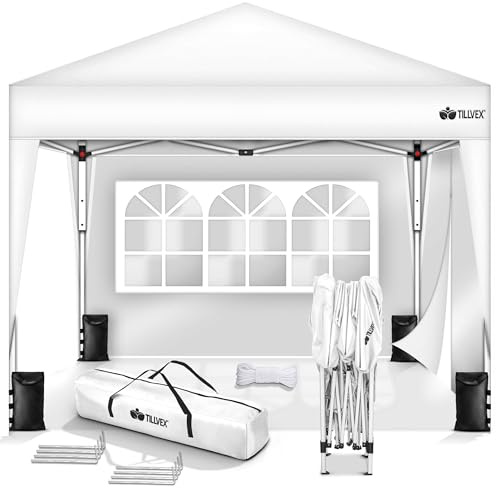 tillvex Gazebo 3x3m impermeabile | Gazebo pieghevole pop-up regolabile in altezza | Tenda da giardino protezione UV 50+ | Tenda Padiglione con borsa (Bianco - con 2 Laterali)