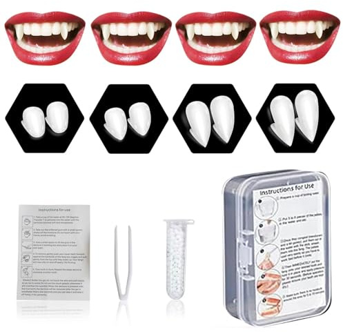 ROMANVIC 4 Pairs Vampir Zähne Kit 4 Größen Vampirzähne Halloween Cosplay Vampir Fangs Gefälschte mit 1 Rohr Zähne Pellets Klebstoff für Party Cosplay, Halloween, Demon, Witch