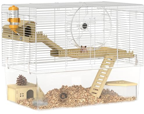 PawHut Cage à Hamster à 3 Niveaux, Cage Rongeur avec Roue d'exercice, Plateau Profond Transparent, cabanes, rampes, Bouteille d'eau, gamelle, bac à Sable, 59 x 35,5 x 47 cm, Blanc