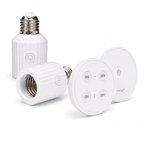 LoraTap Funk Lampenfassung mit Fernbedienung, Doppel Lampensockel Adapter E27, 2er-Set mit 4-Tasten Fernbedienung, Unabhängige AN/AUS Steuerung für Deckenlampen, Schrank- & Zugschalterlampen, 60W Max
