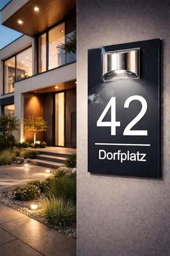 Manschin-Laserdesign Premium Hausnummer mit LED Solar Beleuchtung, 5mm Acrylglas Anthrazit Hochglanz, Wetterfest, Individuell Anpassbar, H1023 Anthrazit Hochglanz