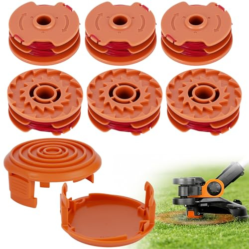 Ersatz-Fadenspule für WORX Rasentrimmer, 6er-Set Spulen mit 2 Kappen, 1,6 mm Nylon-Trimmerfaden je 9,8 m, robuste ABS-Fadenkassette, kompatibel mit WORX WA0007 Modellen