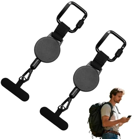 Correa Móvil Antirrobo Retráctil Pack 2 con Mosquetón y Llavero Anticaída Seguridad Portátil Cordón Antipérdida Teléfono Móvil Universal con Cable para Esquí, Viaje, Senderismo y Uso Diario - Negro