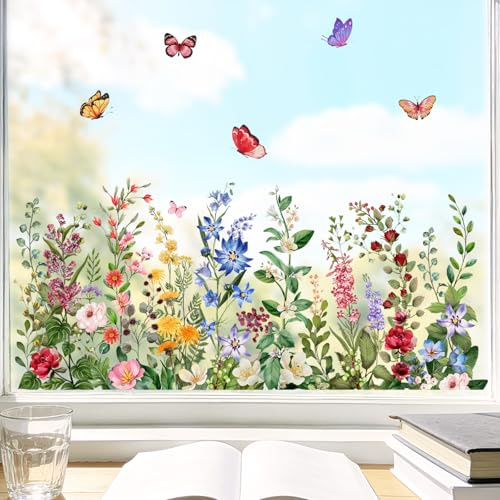 COMOOKA 3 Bögen Fensterbilder Sommer Frühling Fensterbilder Selbstklebend Fensteraufkleber Frühling Fensteraufkleber Blumen Schmetterling Fensterfolie Zweiseitig Groß (D)