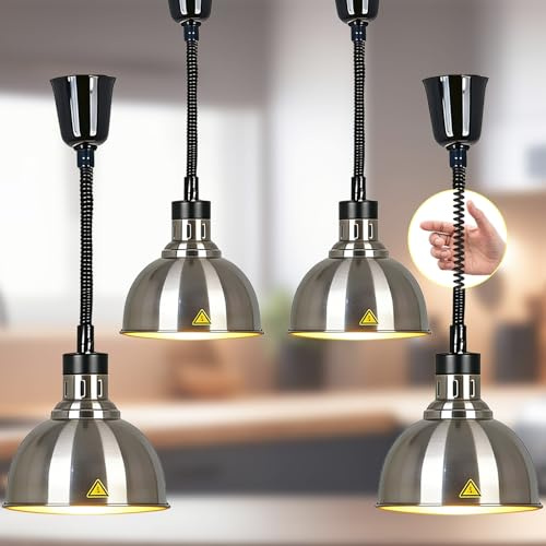 Lampada Riscaldante per Alimenti Sospesa, lampada riscaldante cucina per il settore della ristorazione, Lampade Scaldavivande Cucina Altezza Regolabile 60-180cm (Colore acciaio inossidabile, 4)