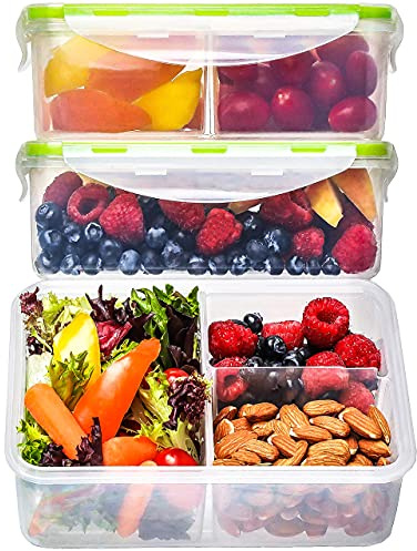 Bento Box for Kids and Adults - Reusable Lunch Box Meal Prep Containers - 3 Compartment Snack Box Container with Airtight Lid - Dishwasher, Freezer, Microwave Safe Food Snack Storage (39 oz, 3 Pack)