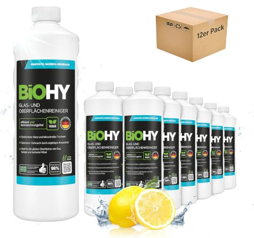 BiOHY Glas- und Oberflächenreiniger (12 x 1 Liter) | Glasreiniger Konzentrat für streifenfreien Glanz | ergiebiger Glas & Kunststoffreiniger | Fettlöser & Kalkreiniger | ideal für Fenster & Küche