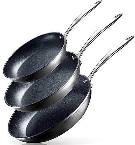 Granitestone Pro Hard Anodized Set | Skillet 8”, 10” & 12” Cookware, 100% PFOA Free, Oven, Dishwasher & Metal Utensil Safe, Ultra Nonstick Frying Pans, 3 Piece, Black (Stainless Handles)
