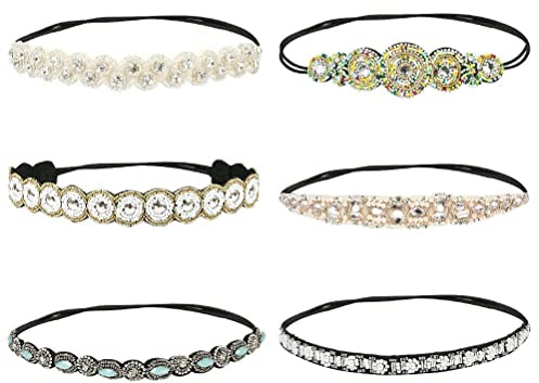 6 Stück Elastisches Haarband Kopfkette für Damen, 6 Stil Haarreife Kristall und Strass Handgemachtes