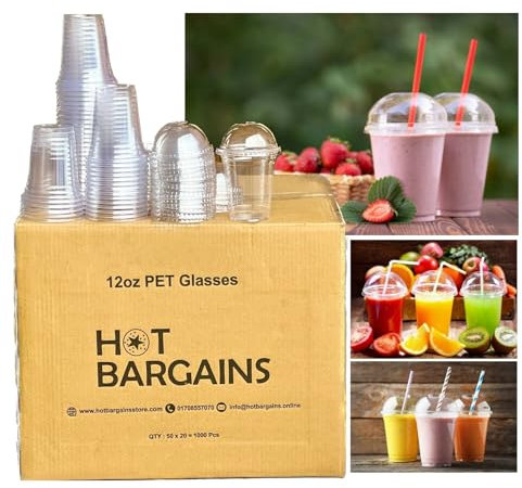 HOT BARGAINS Smoothie Cups with Dome Lids, Crystal Clear PET, 100 Pack, 12oz/360ml, Round Shape