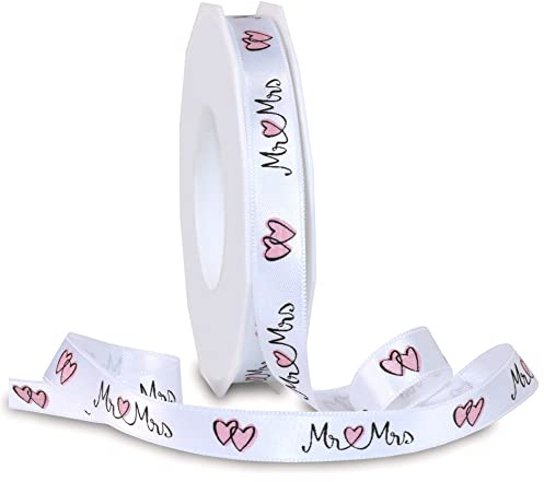 finemark 20 m x 15 mm Dekoband Mr Mrs Weiss ROSA Herz Geschenkband Hochzeit Wedding Satinband für Hochzeitsgeschenk Hochzeitsalbum Schleifenband Hearts Satin ohne Draht