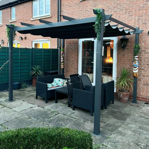 PURPLE LEAF Pergola Aluminium 3,65 x 3 m UPF 50+ Toit Coulissant Patio Gris | Instructions détaillées, Pergola Jardin Extérieur, Garantie incluse, Entretien facile, Tissu teint en fil 180 g/m², Terrasse