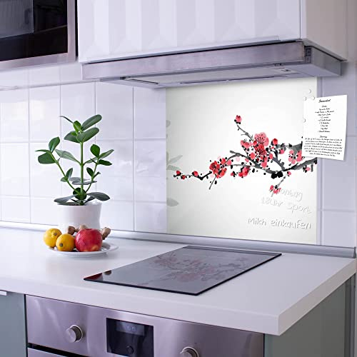 banjado Küchenrückwand Glas ohne Bohren 50x50cm – Glasrückwand Küche mit Motiv Kirschblüten/Spritzschutz Küchenrückwand Glas/selbstklebende Küchenrückwand Platte - magnetisch & beschreibbar