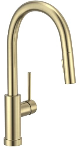 Brushed Gold Kitchen Faucet with Pull Down Sprayer, Lava Odoro Brass Kitchen Sink Facuet Single Handle with Deck Plate, Fit for 1 Hole and 3 Hole Installation, 16 3/4 Inch, KF1120