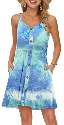 WNEEDU Vestido Mujer Verano Playa Correa Vestidos Corto Cuello en V Casual con Bolsillos Teñida Azul Verde Blanca M