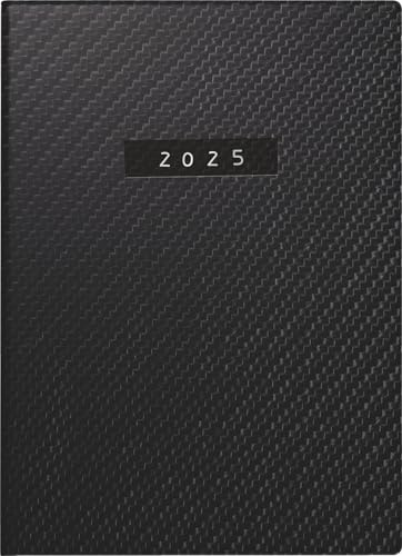 rido/idé Taschenkalender Modell perfect/Technik I (2025) „Carbon“, 2 Seiten = 1 Woche, A6, 208 Seiten, Kunstleder-Einband, flexibel, schwarz