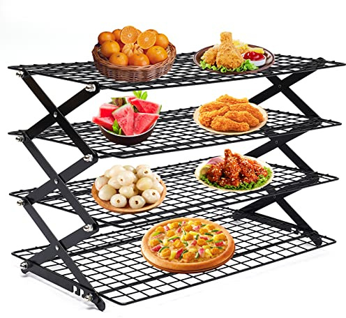 DMSIDN 4-Tier Collapsible Cooling Rack, Adjustable Stackable Roasting Cooking Drying Wire, Barbecue Storage Display Shelf for Cookies Baking Picnic Party
