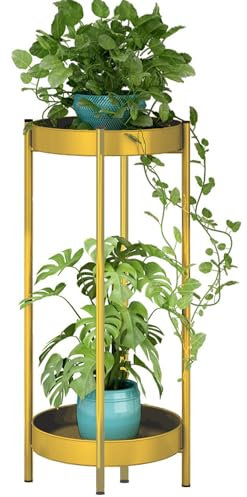 Fiita 2-Tier Hölzern Blumenregal Pflanzenregal, Mehrstöckig Blumenständer Metall Outdoor Balkon Deko Schlafzimmer Blumentopf Zimmerpflanzen Pflanztisch