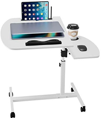 Wohenster Schreibtisch Weiß Beistelltisch Höhenverstellbar Winkeleinstellbarer, Tisch mit Rollen, Computertisch mit Anti-Rutsch-Stopper, Notebook-Ständer, 60x40x61,5-96,5cm Laptoptisch Mobiler