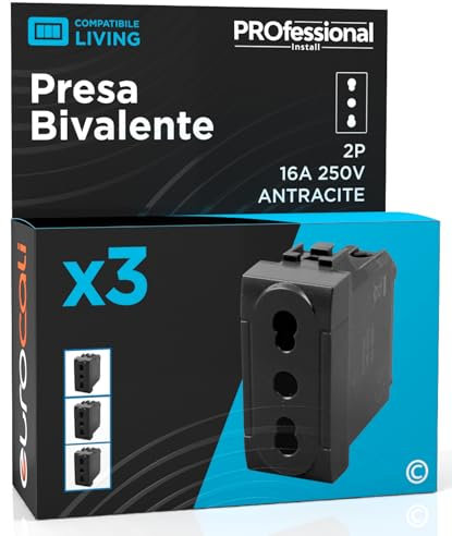 Presa Elettrica Italiana 2P+T Bivalente 10/16A 250V Compatibile con BTicino Livinglight Presa di Corrente Bipasso Pluristandard da Muro Frutti Elettrici Colore Antracite - Confezione da 3