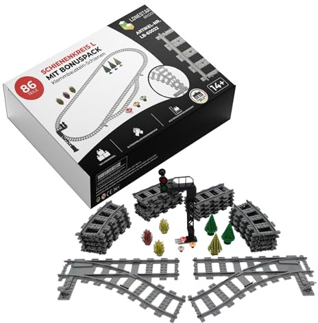 LONESTAR Klemmbausteine Schienenkreis L mit Bonus Zubehör, City Schienen Set, kompatibel mit Klemmbausteinen, großes Eisenbahn Erweiterungspaket mit Signalanlage und Deko