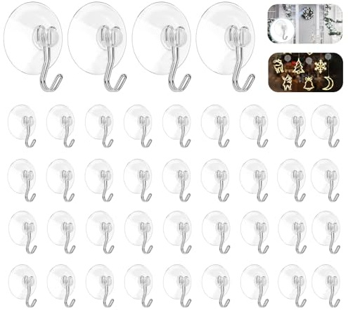 MHMondawn Suction 40er Set 40mm Transparente Saugnapf Haken - Saugnäpfe mit Haken, Saugnäpfe für Fenster - Ideal für Haus Dekoration (Eisenhaken)