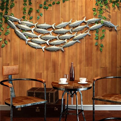 Wanddekoration aus Metall, Fisch, Wandkunst, Dekoration, Fisch, 3D, großer Fischschwarm, Wandkunst, modernes Strandthema, Fisch, Ozeanwand für Schlafzimmer, Wohnzimmer