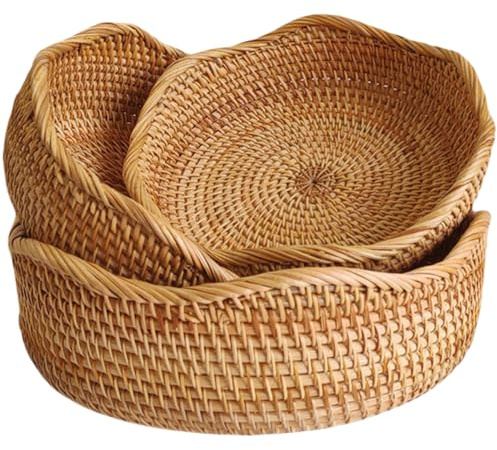 Rattan Bread Basket, Hand Woven Fruit Basket, Wicker Serving Basket Bowl, Decorative Baskets for Kitchen Counter Organizing, Set of 3 (Wave)