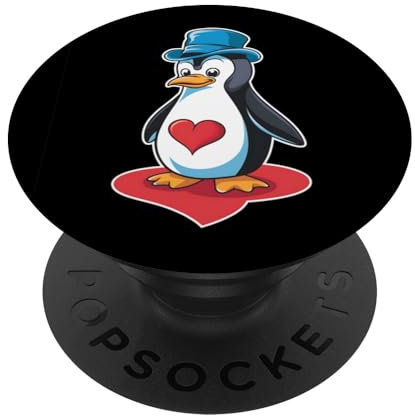 Entzückender Pinguin mit Herz und blauem Hut, Cartoon-Design PopSockets Klebender PopGrip