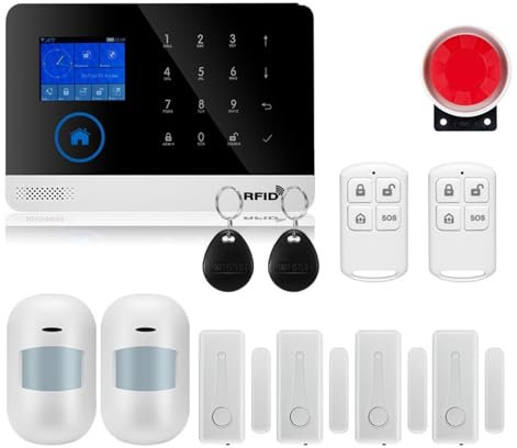 Sistema de Alarma para Casa, De alarma Pantalla táctil GSM GPRS Seguridad antirrobo for el hogar con sensor de movimiento PIR Detector de gas y humo,para el hogar(W2B4)