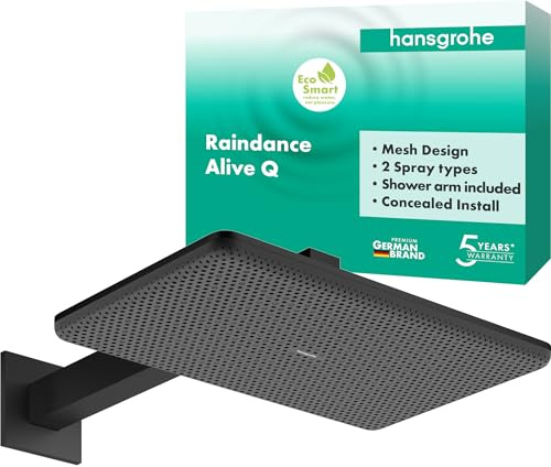 hansgrohe Raindance Alive Q - Kopfbrause mit Brausearm, Duschbrause (340 x 210 mm), Regendusche mit 2 Strahlarten für Wandmontage, Brausekopf mit Antikalk-Funktion, Mattschwarz, 24550670