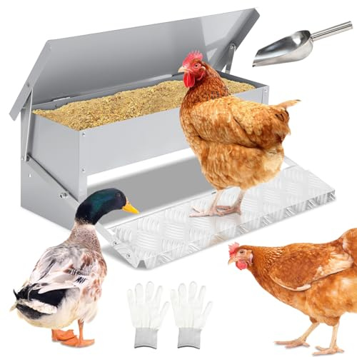 Jaxguom Futterautomat Hühner 5KG Futterspender Futtertrog mit Automatisches Pedal, EdelEisenlöffel und Handschuhe, Hühnerfutter für Geflügel, Wasserdicht und rattensicher