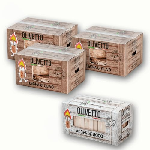 FEMIRO Legna da Ardere di Olivo 3 Scatole da 10 kg con 1 Scatola di Legnetti Accendifuoco da 8 kg – Set da 40 kg in Scatole di Cartone – Per Camino, Stufe, Forni e Barbecue