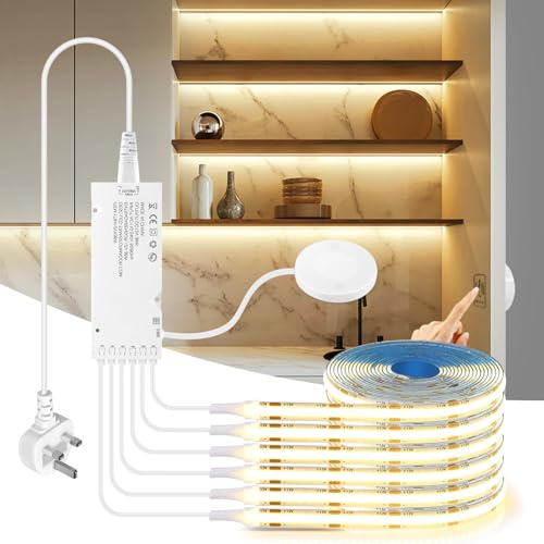 CHNMALITAI 12V COB LED Strip,6 Pcs 2M/6.6ft Warm White Cabinet Light with Touch and Hand Sweep Dimmer Switching,12V Cuttable COB LED Strip Light for Display Cabinets,Wine Cabinets,Shelves