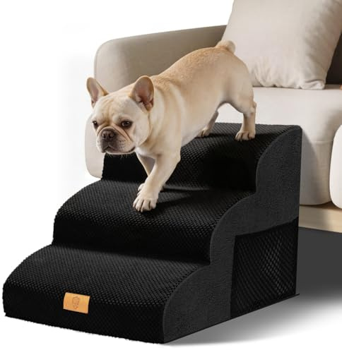 Thihome Escalera para Perros pequeños, Escalera para Mascotas, 3 peldaños, Esponja de Alta Densidad, 40 cm de Alto con Funda Impermeable, Antideslizante para sofá Cama, Color Negro