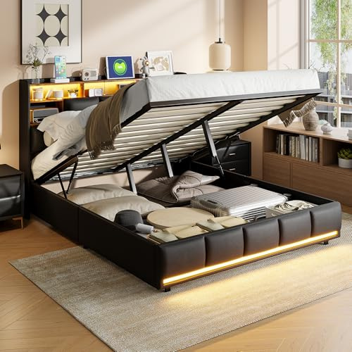 Cama doble tapizada de 140 x 200 cm con espacio de almacenamiento Air-Bar, cabecero con puerto USB y compartimento de almacenamiento, marco de cama con somier, cama LED, cama juvenil, poliuretano