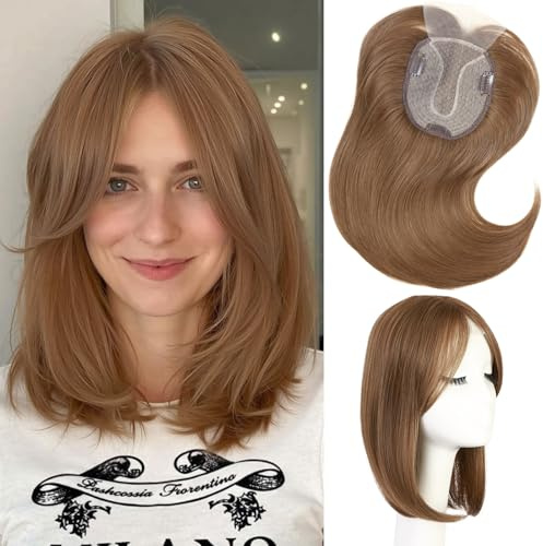 WIGNEE HaarTopper für Frauen Hellbraun 14 Zoll Clip-in Haarteil, Spitzenfront Handgeknoteter Synthetikhaar-Topper mit Pony für dünner werdendes graues Haar