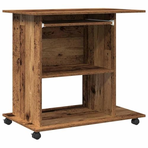 Qnhdfrt Mesa de ordenador con bandeja para teclado, mesa móvil para ordenador de sobremesa de madera en moderno aspecto de madera envejecida, mesa compacta para ordenador portátil con soporte para CPU