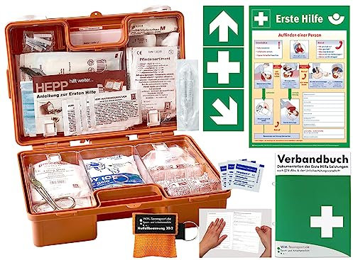 Verbandskoffer/Verbandskasten (K) Typ N - INKL. 90° ARR. -Komplettpaket- Erste Hilfe - aktuelle DIN 13157 für Betriebe INKL. Verbandbuch + Notfallbeatmungshilfe + Aufkleber + Aushang