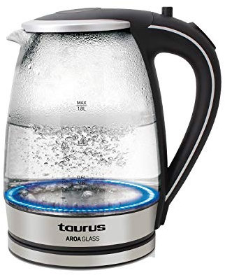 Taurus Aroa Glass - Kettle. Hervidora de agua. 2200W. 1,8L de capacidad. Cuerpo de cristal. Resistencia oculta. Filtro en la tapa. Acero inoxidable. Giro de 360º. Iluminación led en la base. Negro