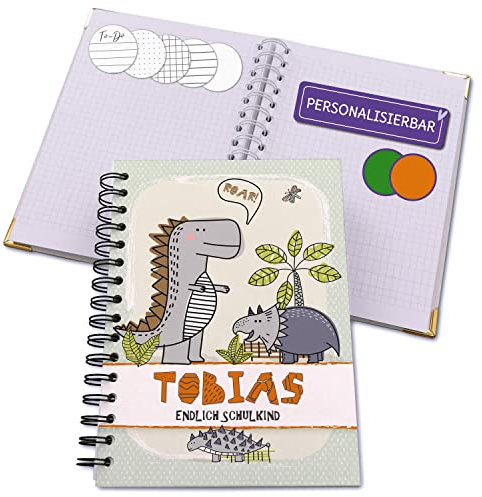 Feenstaub Personalisierbares Notizbuch für Kinder, Buch A5, Geschenk zum Schulstart, Hardcover, Tagebuch Kinder, personalisiertes Notizbuch mit Name, Malbuch a5, Dino Ringbuch Dinosaurier