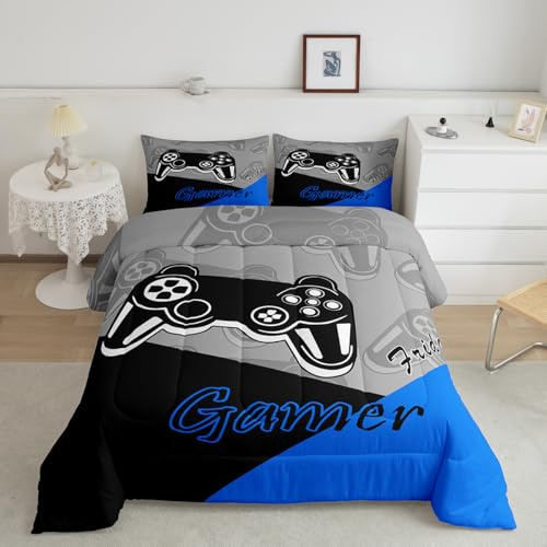 Feelyou Gaming Duvet Quilt for Boys Teen Video Game Bedding Set for Kids Gamer for All Season Gamepad Home Decor for Comforter Set Queen Size with 2 Pillowcases Blue Black Grey