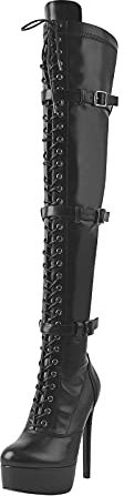 Only maker Damen Strech Overknees Schnürstiefel Plateau High Heels mit Schnallen Reißverschluss Lederoptik Schwarz 42 EU
