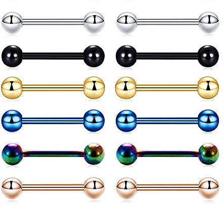 Amoina 12 Pcs 14G Multicolor Stainless Steel Straight Barbell Tongue Rings Bars Piercing 5/8 Length Hypoallergenic