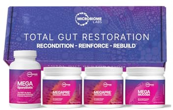Microbiome Labs Total Gut Restoration Kit (Powder) - 3-Product Gut Health Spore Based Probiotic, Prebiotic Powder & Mucosal Immunoglobulin + Amino Acids Supplement for Immune, GI & Digestive Health