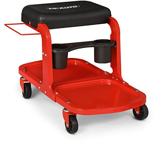 M-AUTO Garagenrollsitz Heavy Duty Rolling Shop Mechaniker Creeper/Ladenhocker mit Werkzeugablage und Ausrüstungsregal, 136 kg Kapazität, Rollsitz mit 5 Rollen für Detaillierung Auto, Rot