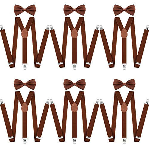 Lot de 12 bretelles et nœud papillon pour homme - Bretelles élastiques - Dos en Y et nœud papillon - Pour mariés, garçons d'honneur, mariages, événements formels et décontractés, marron, taille unique